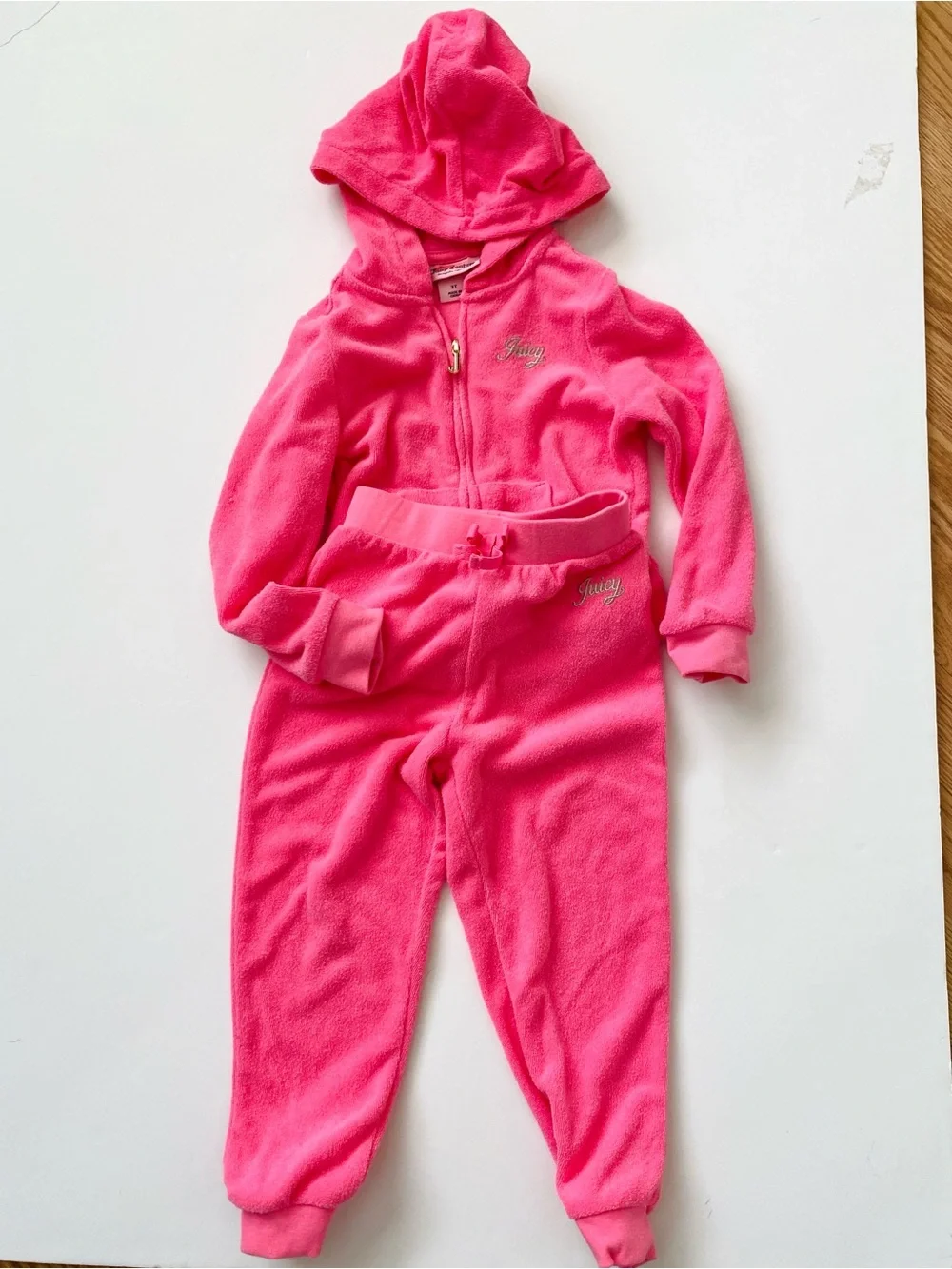Juicy Couture Girls Hot Pink Fleece Hoodie Set 3T Zip Front Jacket Pull on Pants